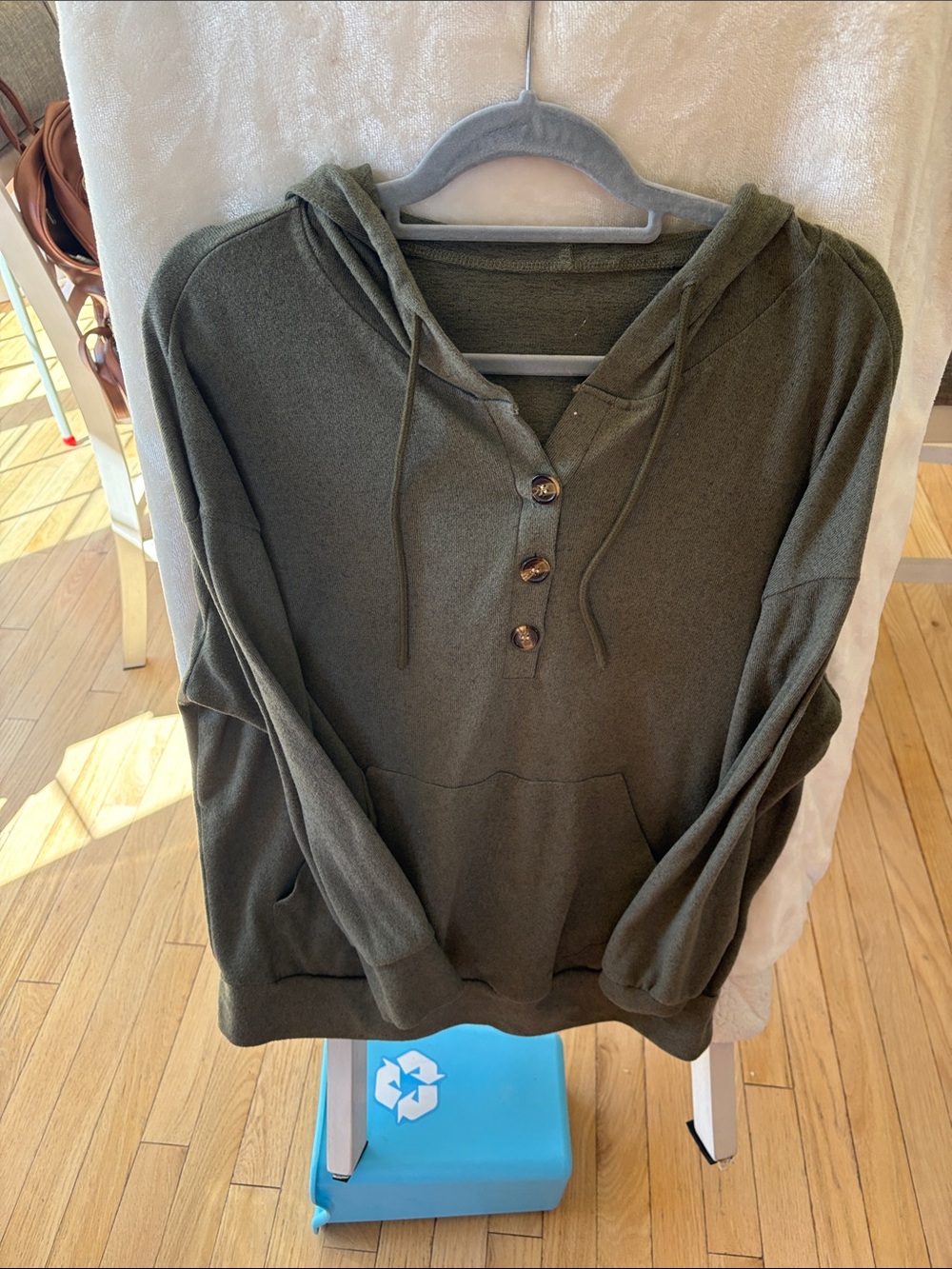 SHEIN Olive Green Hooded Henley Sweatshirt with Buttons